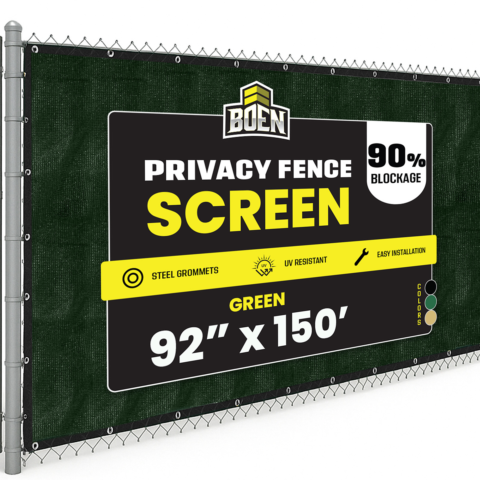 Boen Green Privacy Screen Fence, 92 in x 150 ft, Netting Mesh Fabric Windscreen with Reinforced Steel Grommets for Garden Fence Or Any Outdoor Metal or Wooden Fencing
